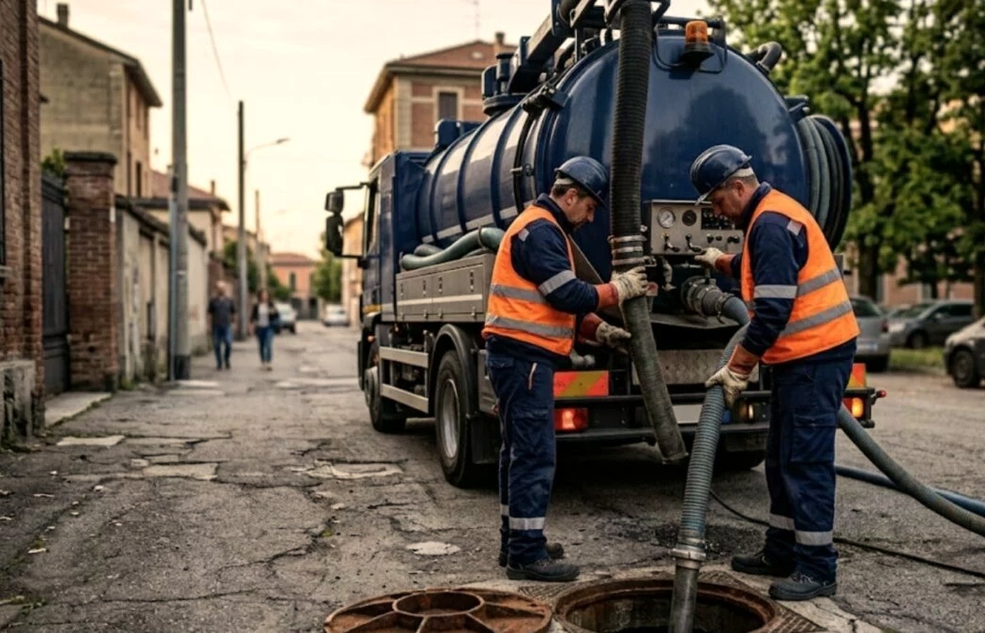 Due operatori con giubbotto alta visibilità al lavoro accanto alla cisterna